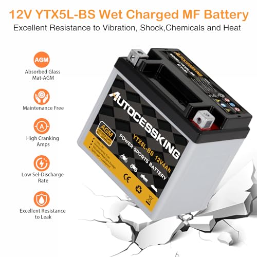 Image of YTX5L-BS Motorcycle Battery, 12V 4Ah Rechargeable Maintenance Free Sealed AGM Battery Powersport Replacement Battery for ATV and Scooter