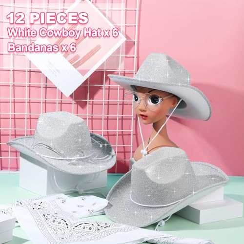 Image of Coume 12 Pcs Sparkly Adults Cowboy Hat and Bandanas Women Men Western Glitter Cowgirl Party Hats with Adjustable Drawstring
