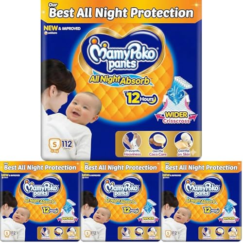 Image of Mamypoko pants All night absorb| Pant Style Baby Diapers Small Size(S), 112 Count, Ideal for upto 5Kgs|1 Diaper: Upto All night Absorption|Wider Crisscross Sheet|Gentle Coco Care| 12hr Leakage Protection| Prevents Heaviness (Pack of 8)