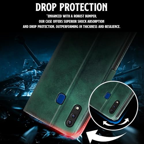 Image of WOW IMAGINE Shock Proof Flip Cover Back Case for Samsung Galaxy A20 | A30 | M10s (Magnetic Button Flip Case | Wallet Pockets & Stand | Leather Finish | Forest Green)