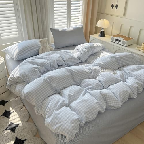 Image of LifeTB Blue Gingham Comforter Set Full Size Modern Style Blue Plaid Comforter Set 3 Pieces Grid Checkered Pattern Comforter Fluffy Soft Farmhouse Gingham Bedding Comforter with 2 Pillowcases