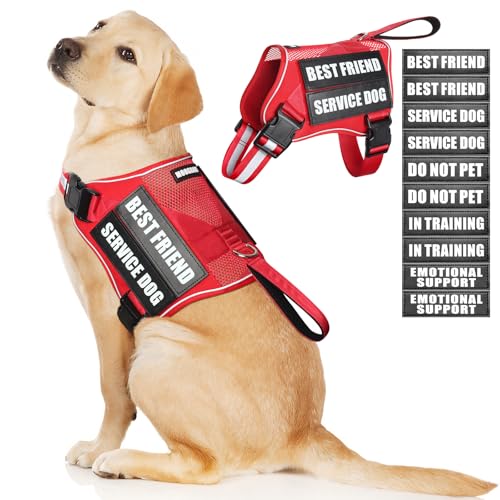 MOOGROU Service Dog Vest Harness and 10 Patches for Large Dogs,Mesh Design Adjustable Emotional Support Dog Vest,Lightweight Reflective Do Not Pet Dog Harness for Training Walking Everyday Red XL