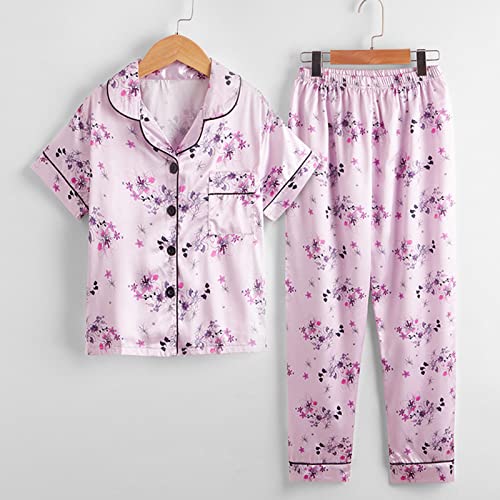 Girls Satin 𝐏a𝐣ama Set Floral Print 𝐒ilk 𝐏ajamas Short Sleeve Button Down Shirts and Long Pants Kids Cute Sl𝐞epwear4