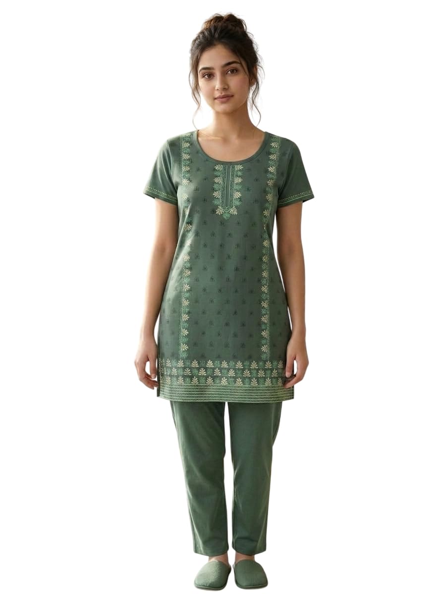 Women’s Cotton Blend Nightsuit Set | Printed Half Sleeve Top & Solid Pyjama Sleepwear Set for Women & Girls-picture-40