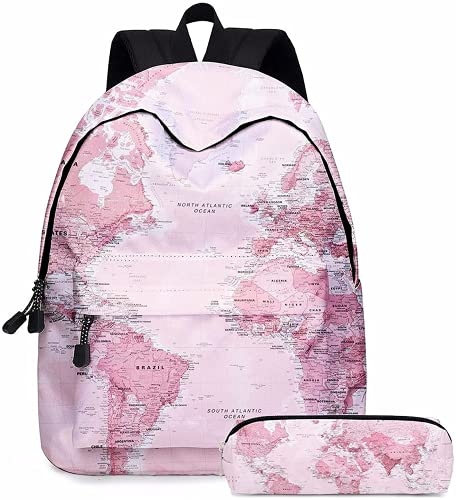 Kawaii Mochila lindo juego de 2 piezas mapa del mundo estético de regreso a la escuela suministros bolsa de libro Daypack estuche de lona Combo, Rosado, L Cover