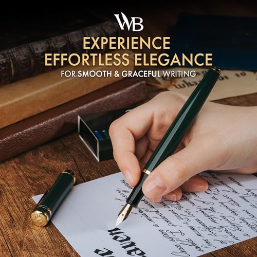 Image of Wordsworth & Black Luxury Fountain Pen Set for Writing, Broad Nib, Green | Gift for Men & Women, Brass Body, 18K German Iridium, Calligraphy, Converter + 24 Ink Cartridges, Refillable, Leak-Free