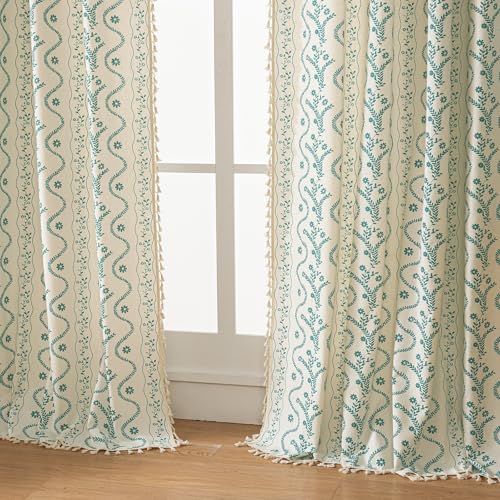 Image of Boho Curtains 72 Inch Long for Living Room, Bedroom, Turquoise White 2 Panels Floral Farmhouse Vintage Tassel Semi Sheer Light Filtering Privacy Window Curtain Drapes with Rod Pocket