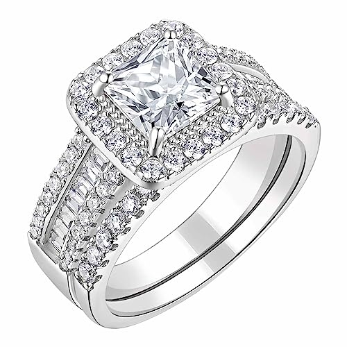 Womens Princess Cut Bridal Ring Sets 925 Sterling Silver CZ Halo Wedding Rings Set for Her Engagement Promise Rings Band Cubic Zirconia for Women Size 5-10