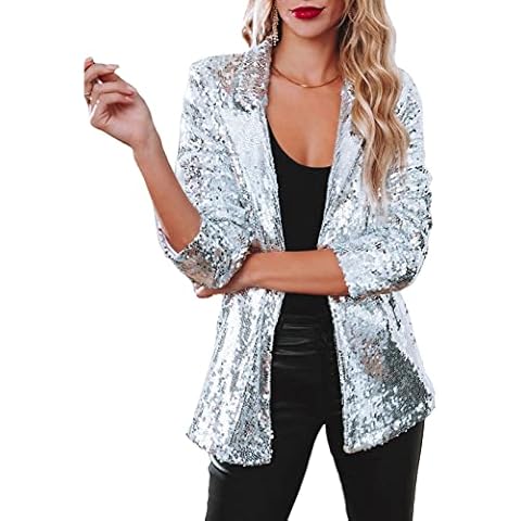 Women Y2K Sequin Sparkly Top Shirt Long Sleeve Button Up Fashion Glitter Blouse E-Girl Solid Club Party Streetwear(Silver 1,Medium) Cover