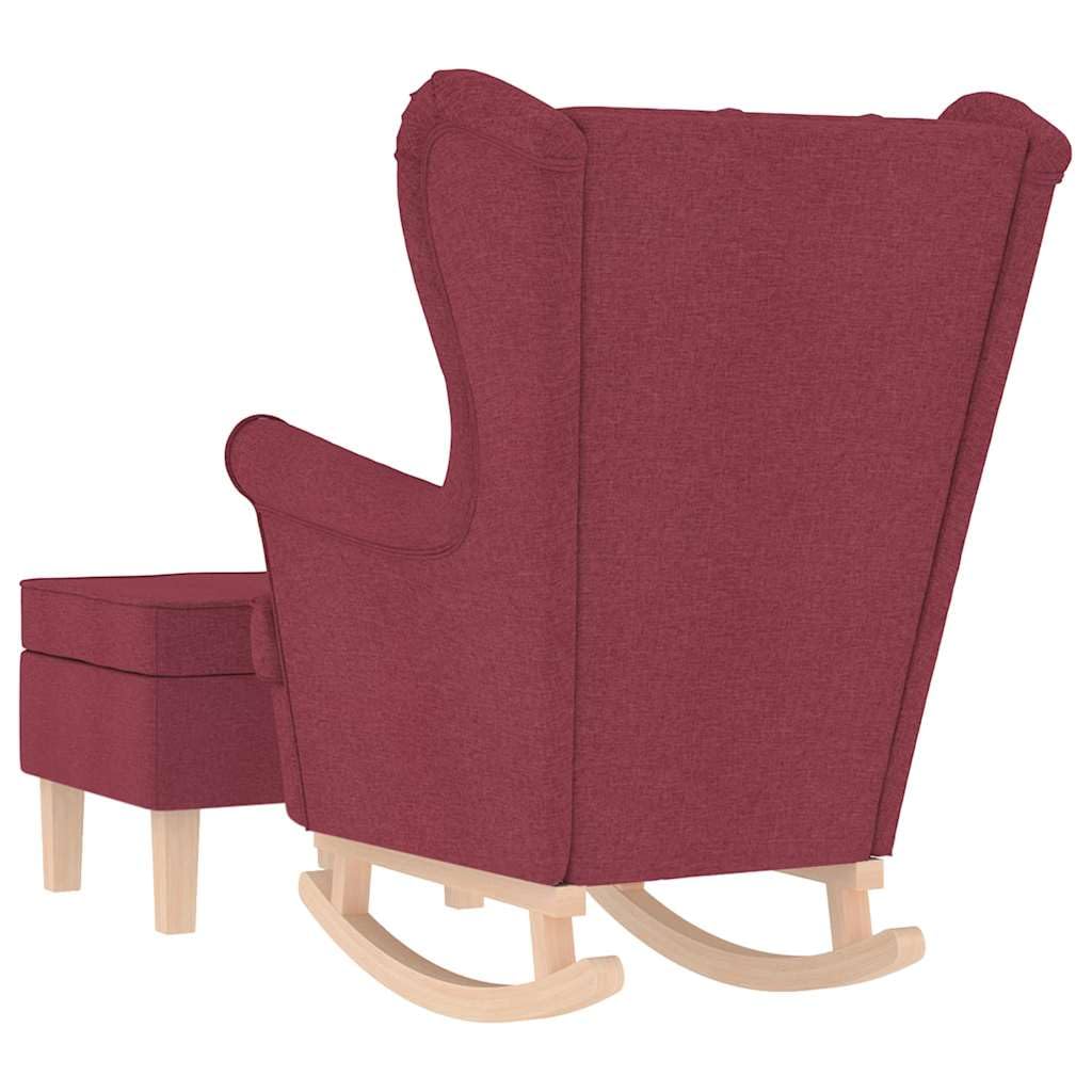 Schaukelstuhl mit Fußhocker Weinrot Stoff, komfortabler Relaxsessel gepolstert, moderner Loungesessel mit Massivholzbeinen für Wohnzimmer Schlafzimmer und Büro, 74 x 90 x 102 cm