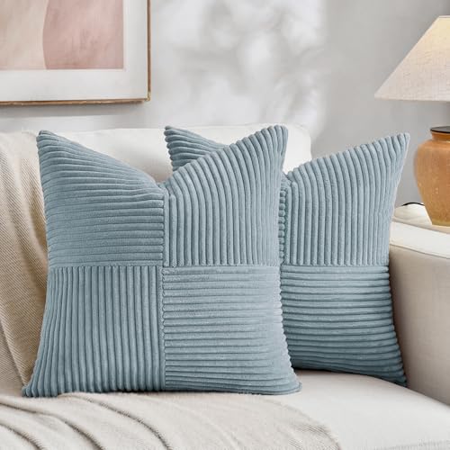 Image of Fancy Homi Set of 2 Light Blue Samll Decorative Throw Pillow Covers 12x12 Inch with for Couch Bed Sofa Living Room, Soft Cross Patchwork Striped Corduroy Coastal Blue Square Cushion Case 30 cm