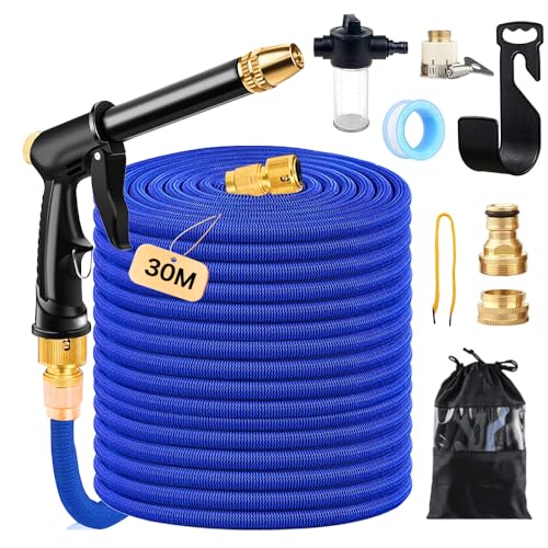 Tuyau Arrosage Extensible,Tuyau Arrosage 30M,Tuyaux D'arrosage Avec Générateur de Mousse,3 Adaptateurs et Support Mural,Il est Utilisé Dans les Jardins,Les Extérieurs,Les Cours