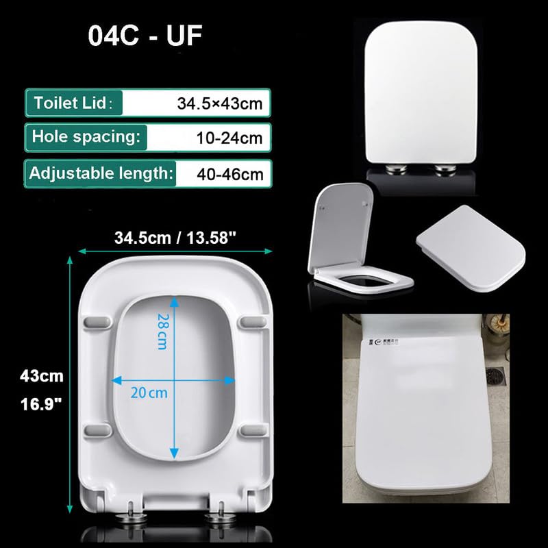 Tapa Y Asiento Para Inodoro, 43 * 34cm Asiento De Tapa WC Cuadrado Tapas WC De Inodoro Con Cierre Suave, Liberación Rápida, Bisagra de fijación superior