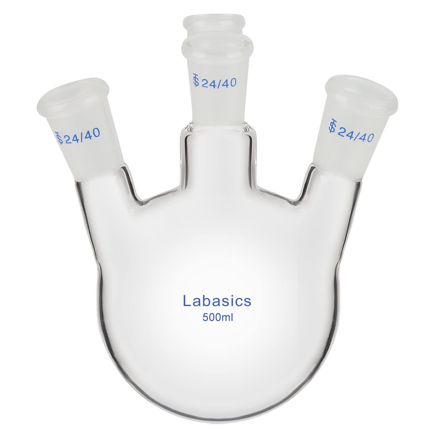 Labasics 4 Neck Round Bottom Flask RBF, Heavy Wall Borosilicate Glass Lab Flask with 4 Bevel Necks Round Bottom Boiling Flask with 24/40 Standard Taper Outer Joint, 500 ml