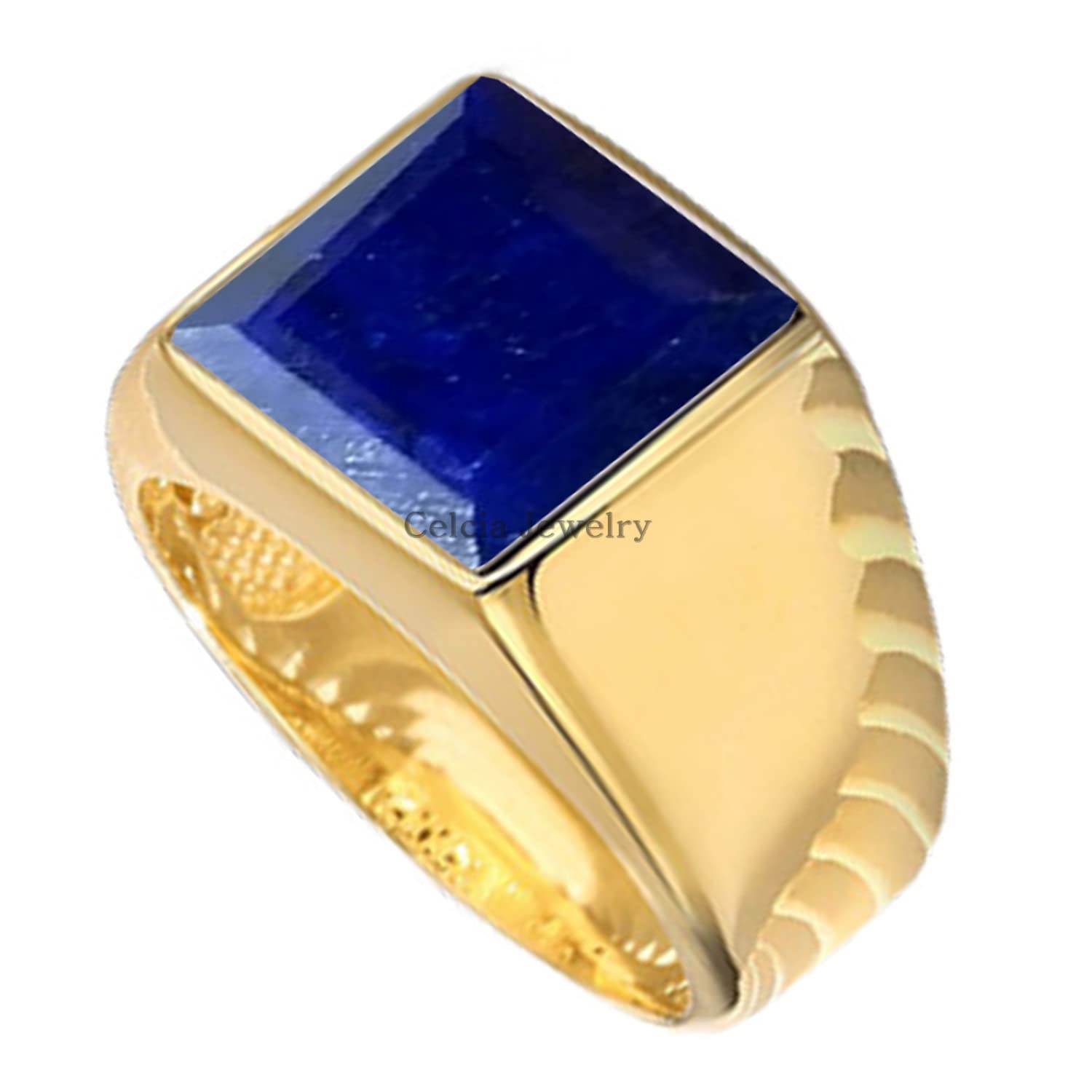 18K Yellow Gold Plated Solid 925 Sterling Silver Ring for Men, Natural Blue Sapphire 12MM Gemstone Signet Ring, Unique Handcrafted September Birthstone Ring