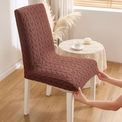 Image of HOMETHREADS Stretchable Elastic Jacquard Chair Seat Cover - Removable & Washable, Durable Seat Protector for Dining Room, Kitchen, Restaurant & Party Chairs (Brown, Pack of 2)