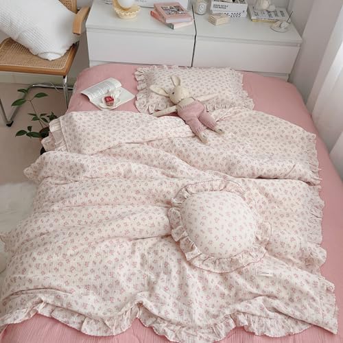 AOJIM Floral Print Kids Duvet Cover for Girls Boys, Pink Muslin Cotton Baby Toddler Bedding Comforter Cover 2-Layer Gauze 59X79'', Ruffled Edges Soft Crib Duvet Protector 1pc, No Quilt or Pillowcases