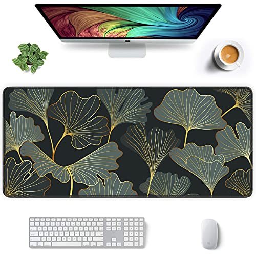 Image of Auhoahsil Extended Mouse Pad, XXL Gaming Mouse Pads, Large Big Mousepad Laptop Computer Keyboard Mat Desk Pad with Non-Slip Base Stitched Edge for Gaming Office, 31.5 x 15.7 inch, Gold Line Leaves