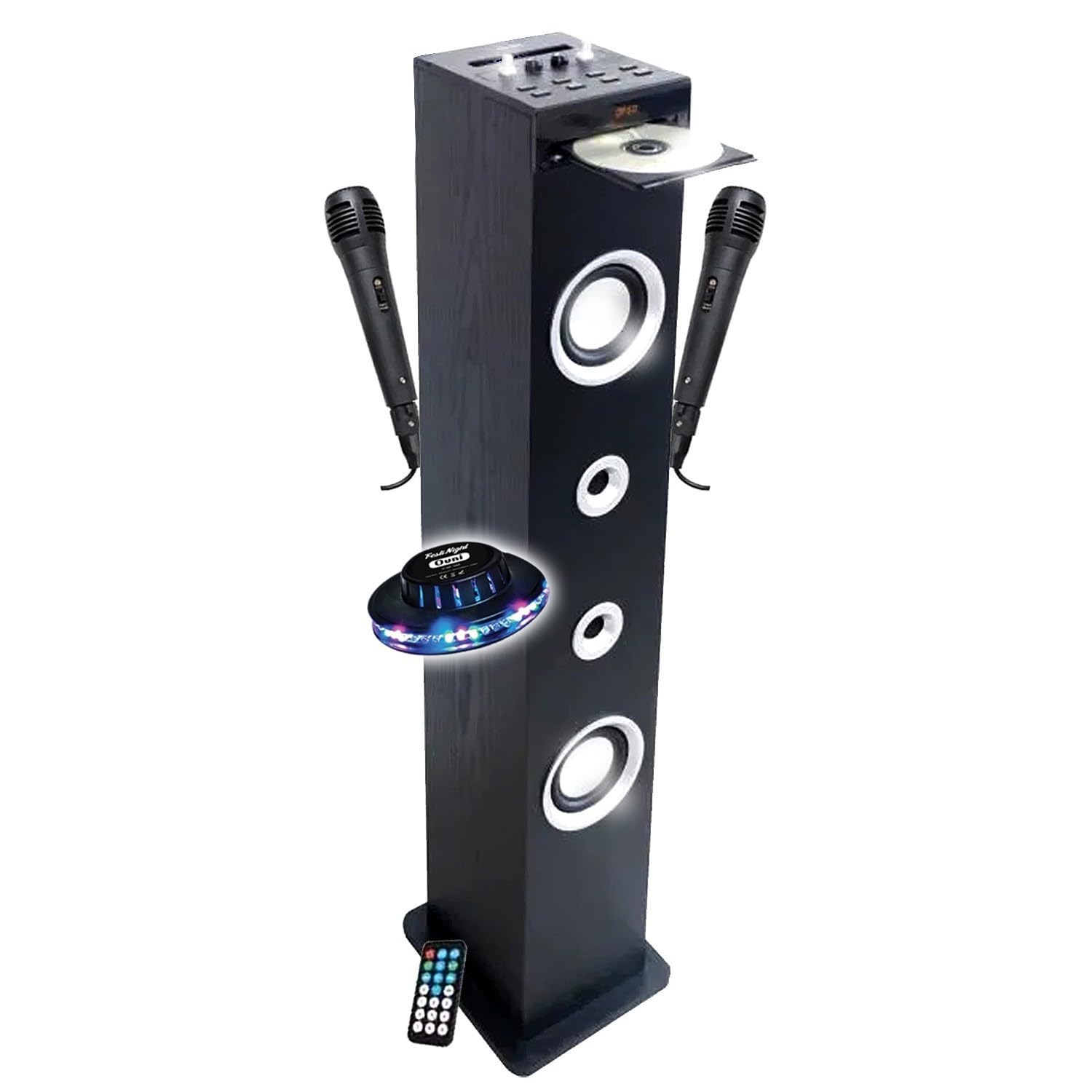 Inovalley HP49CD Sound-Turm, CD-Player und Karaoke, 100 W, USB, Bluetooth, FM-Radio, 2 Mikrofone + Fernbedienungshalterungen, LED UFO