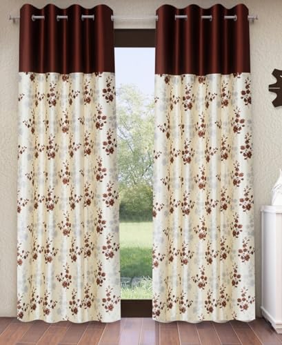 Image of Home Sizzler 2 Pieces Solid Patch Bloom Burst Eyelet Polyester Door Curtains - 7 Feet, Brown