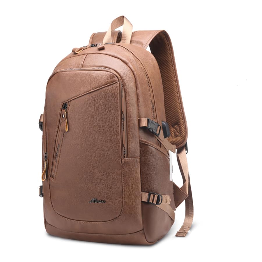 DYJ Vegan Leather Laptop Backpack for Women&Men, PU Vintage Travel Daypacks with USB Charging Port 17 Inch Laptop