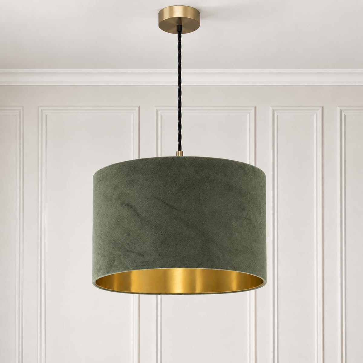 CGC Lighting Indoor Ceiling Lampshade Velvet Fabric Lamp Shade 30cm Diameter Gold Reflective Inner Drum Pendant Table Lamp Bedroom Dining Room Loungee (Olive Green & Gold)