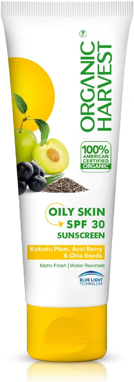 Organic Harvest Sunscreen SPF 30 with Blue Light Technology, Protects From Harmful UVA & UVB Rays, PA+++, Hydrates & Nourishes Skin, For Oily Skin, 100% American Certified Organic, Sulphate & Paraben Free - 100gm
