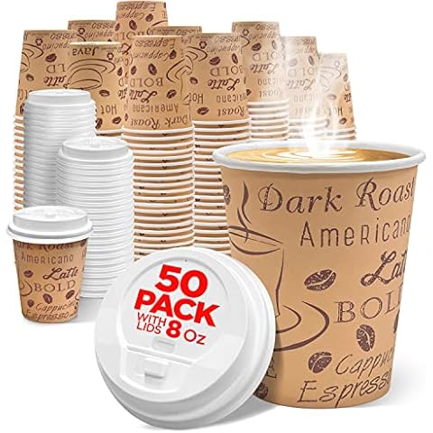 Disposable Coffee Cups with Lids 8 oz (50 Pack) - To Go Paper Coffee Cups for Hot & Cold Beverages, Coffee, Tea, Hot Chocolate, Water, Juice - Eco Friendly Cups Cover