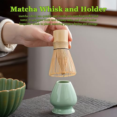 Juego de 6 batidores de matcha, batidores de bambú hechos a mano, pala de té tradicional, cuchara de matcha y soporte de batidor de cerámica esmaltada, regalos de matcha para principiantes