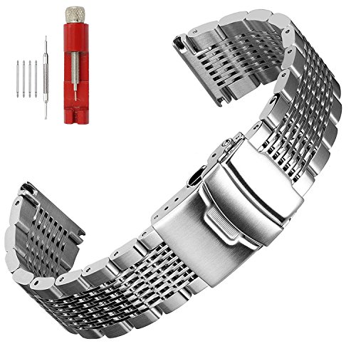 Solid Mesh Stainless Steel Bracelets 20mm/22mm/24mm Watch Bands Deployment Buckle Brushed/Polished Strap for Men Women (18mm, Silver)