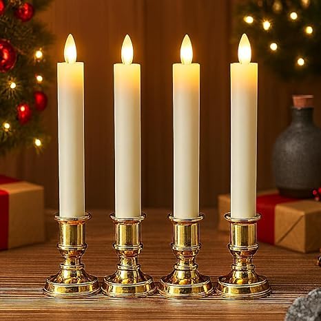 LED Tapper Candles with Golden Holders, Realistic Warm Glow, Christmas and Wedding Decoration (4 White)-image-49