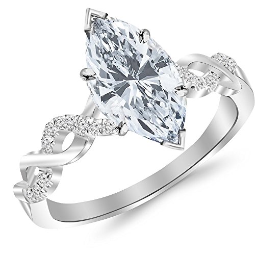 14K White Gold 2.13 Carat LAB GROWN DIAMOND Twisting Infinity Gold and Diamond Split Shank Pave Set Marquise Cut Diamond Engagement Ring (E-F Color VS1-VS2 Clarity 2 Ct Center)