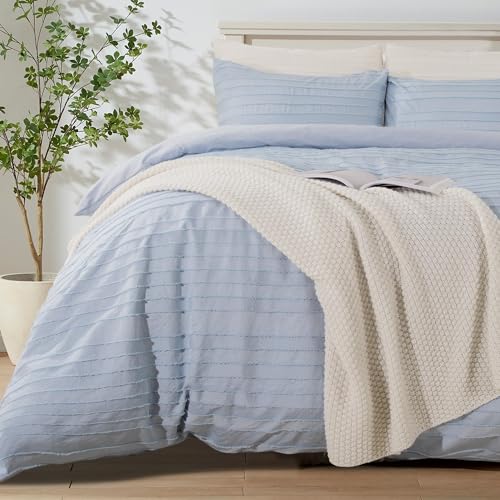 Image of NEXHOME PRO Duvet Cover Queen,Blue 3 Pieces Boho Tufted Duvet Cover Set, Soft and Lightweight 100% Washed Microfiber Comforter Cover Set for All Season(Blue Queen, 90 x 90)-No Comforter