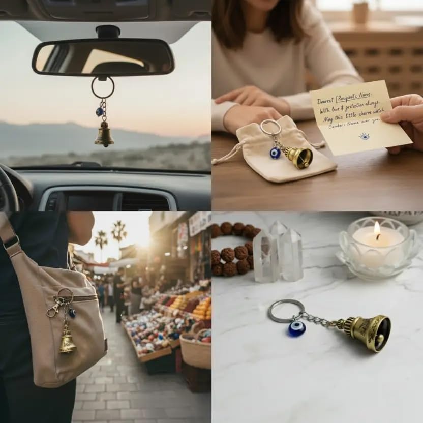 Image of Techpro Guardian Bell KeyChain Tibetan Key Chain Good Luck Key Chain For Bike (Golden Bell With Evil Eye)