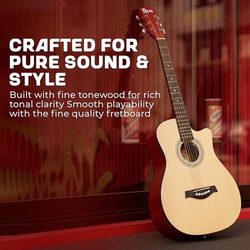 Image of Revel 38 Inch Acoustic Guitar Cutaway Wooden Guitar with High-Gloss Finish, Steel Strings, Smooth Tuning Pegs, Includes Carry Bag, Picks & String Winder | Acoustic Guitar for Beginners.(SUN BURST)