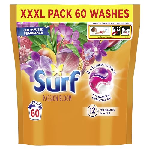 Surf 3 in 1 Passion Bloom Laundry Washing Detergent Capsules joy-infused fragrance with natural essential oil lasting up to 12 hours in wear for brilliantly clean results 60 washes