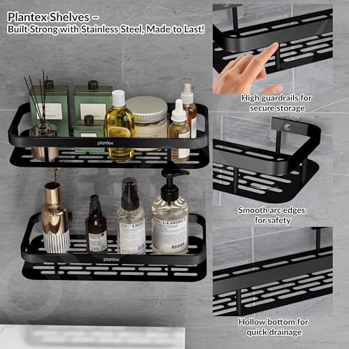 Image of Plantex Self Adhesive Bathroom Shelf /Bathroom Organiser Without Drill /Stainless Steel Bathroom Shelf Rack with Aluminium Railing /Kitchen Stand-Pack of 1(12x5 inch, Black)