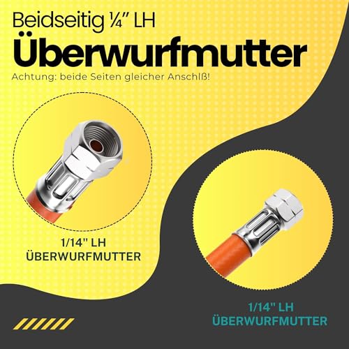 Gasschlauch 2 m – Propangasschlauch für Gasgrill & Campingkocher – Gas Schlauch 1/4 LH Linksgewinde – Gasschlauch Verlängerung – DVGW zertifizierter Gasanschlussschlauch