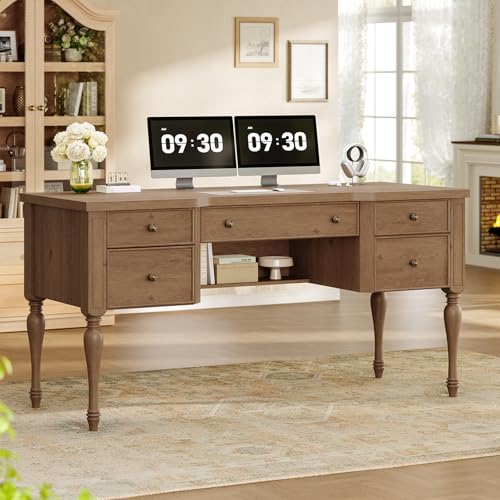 59in Wood Executive Desk with 4 Drawers, Farmhouse Home...