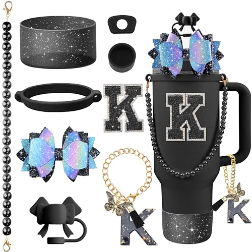 Hpebl 9PCS Black for Stanley Cup Accessories Set Bling Initials Bow Charms for Stanley Decorations 30/40 Oz Tumbler Accessories Including Bow Straw Topper, Handle Strap, Spill Stopper（Letter K） - image 1