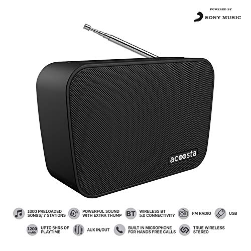 Image of ACOOSTA SUNO HITS - Powered by SONY MUSIC, 1000 Preloaded Songs - 7 stations & 250 artists, Portable Wireless Bluetooth Speaker with Mic, FM Radio, USB, Aux In, Aux Out, True Wireless Stereo - (Black)