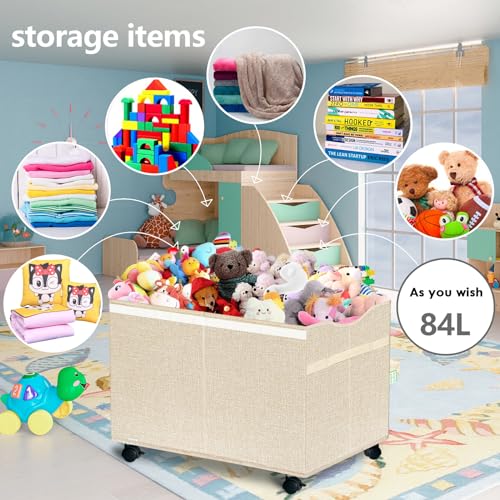 VERONLY Large Kids Toy Box Storage Chest with 360°Wheels,Toy box with Lid for Boys, Girls,Collapsible Sturdy Toy Storage Bins Containers for Stuffed Animals, Clothes, Bedroom, Nursery, Playroom -Beige - Thumbnail 7