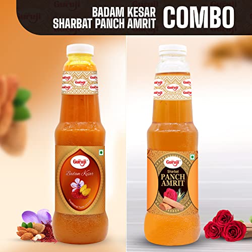 Image of Shree Guruji Badam Kesar Dry Fruit Sharbat & Panchamrit Sharbat Combo Pack Milk Beverage Instant Syrup Refreshing Drink for Summer (1 Litre)