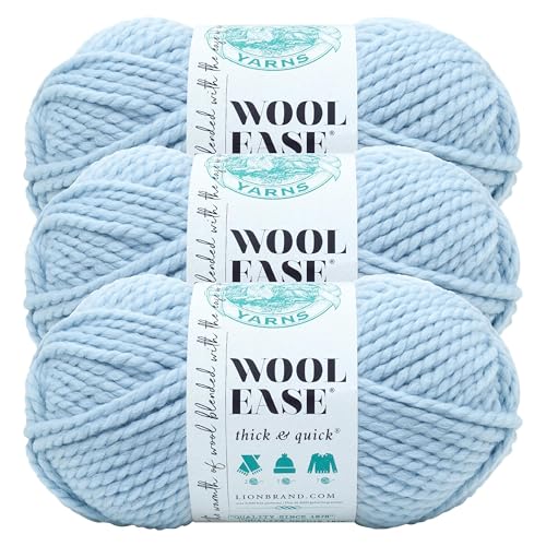 Image of Lion Brand Yarn Wool-Ease Thick & Quick Yarn, Soft and Bulky Yarn for Knitting, Crocheting, and Crafting, 3 Pack, Glacier | Super Bulky Wool Acrylic Blend Fiber for Soft Hats, Sweaters, Chunky Blankets, Yarn for Crochet, Knitting, Crafts, Weaving