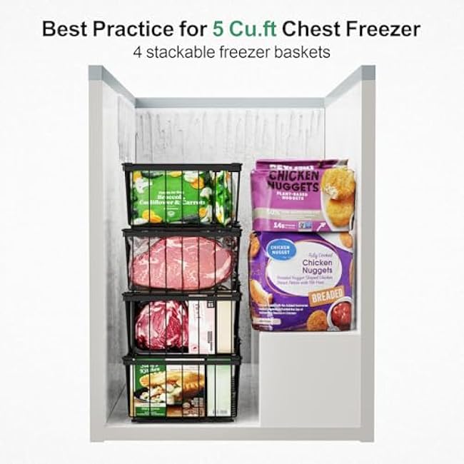 iSPECLE Freezer Organizer Bins - 4 Pack Stackable Deep Freezer Organizer Bins for 5 Cu.Ft Chest Freezer Easy Get Food from Bottom without Digging, Add Space Sort Store More Frozen Food, Black