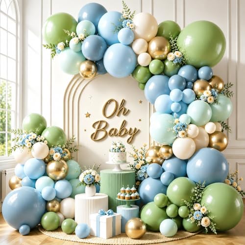 Image of Baby Shower Sage Green Dusty Blue and White Balloon Garland Kit 144 Pcs