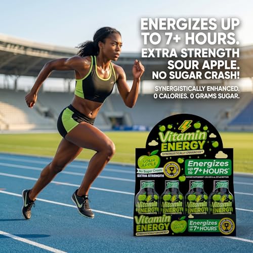Image of Vitamin Energy Sour Apple Extra Strength Energy Shot, 12 Pack - Up to 7 Hrs, 260mg Natural Caffeine, Zero Sugar - Beta-Alanine + Electrolytes, Workout Support, B12 B6 Niacin, 1.93 fl oz, Keto Vegan
