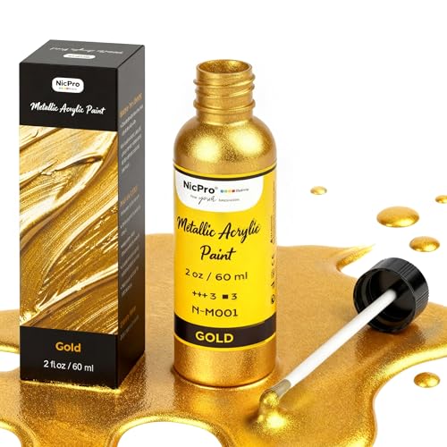 Nicpro Acrylfarbe Gold Metallic, 60 ml Blattgoldfarbe, Ungiftige Acrylfarbe, Lichtecht, Acryl Gold Metallic für Kunsthandwerk, Metall, Holz, Stoff, Leinwand, Möbel, Handarbeiten, Künstlerbedarf