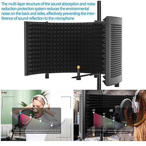 Image of Microphone Isolation Shield with Stand Curved Panel, Foldable Mic Shield with Triple Sound Insulation, Studio Mic Sound Absorbing Foam Reflector for Sound Recording, Podcasts