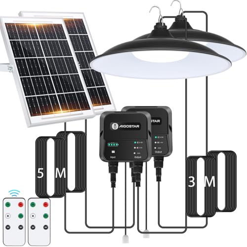 Aigostar - Lámpara solar exterior con mando a distancia y cuerda de tracción,cable de 8 m,batería de capacidad de 6000 mAh,gran panel solar,IP65.Luz led para interior,jardín,camping,2 piezas